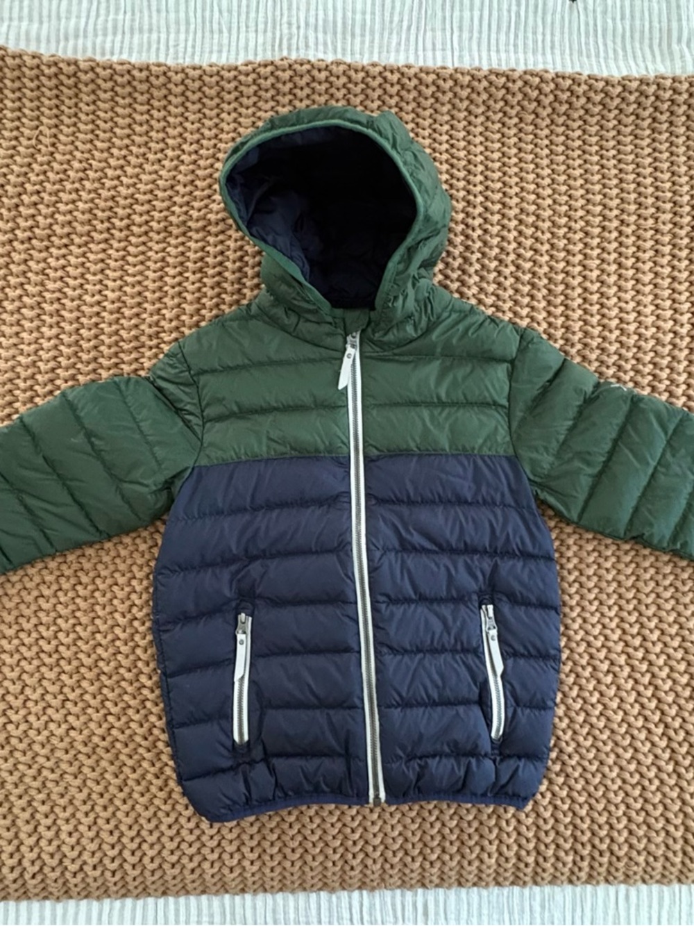Hanna Andersson Green Shell with Navy Quilted Hooded Jacket